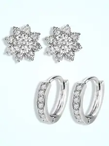 Peora Set Of 2 Silver-Plated Contemporary Cubic Zirconia Hoop Earrings