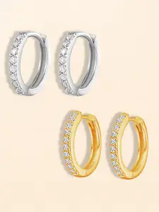 Peora Set Of 2 Silver-Plated American Diamond Studded Hoop Earrings