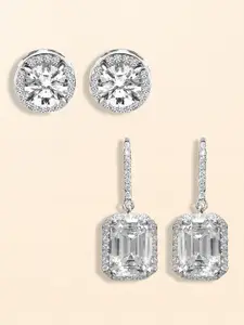 Peora Set Of 2  Silver-Plated American Diamond Studded Studs & Drop Earrings