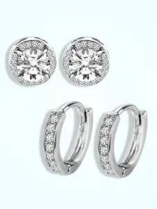 Peora Set Of 2 Silver-Plated American Diamond Studded Studs & Hoop Earrings