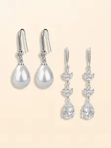 Peora Set Of 2 Silver-Plated Cubic Zirconia Contemporary Drop Earrings