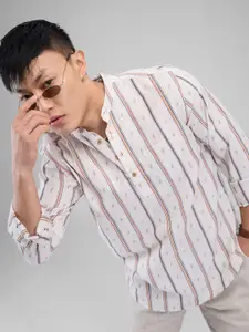 VASTRADO Striped Mandarin Collar Linen Straight Short Kurta