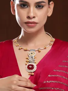 Rubans Oxidized Silver & Gold-Plated Ruby Red & Cubic Zirconia Necklace with Golden Beads
