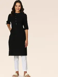 W Mandarin Collar Roll-Up Sleeves Straight Kurta