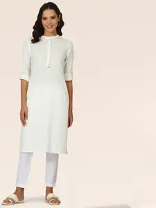 W Mandarin Collar Pastel Roll-Up Sleeves Straight Kurta