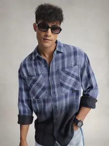 WROGN Ombre Checked Drop-Shoulder Sleeves Oversized Casual Shirt