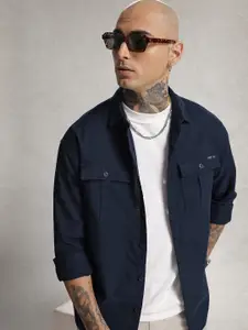 WROGN Oversized Geometric Self Design Drop-Shoulder Sleeves Pure Cotton Casual Shirt