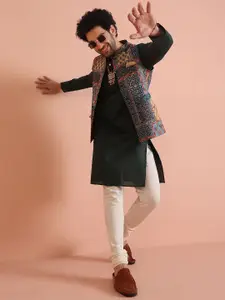 KISAH Mandarin Collar Straight Kurta With Churidar & Printed Nehru jacket