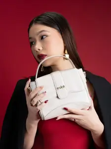 eske Women White Solid Flap Closure Adjustable Strap Leather Satchel Handbag