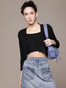 Roadster Boucle Woollen Crop Front Open Sweater & Top with Fuzzy Detail