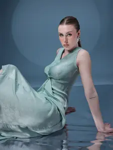 bebe Future Glam Satin A-Line Midi Dress with Twisted Detail