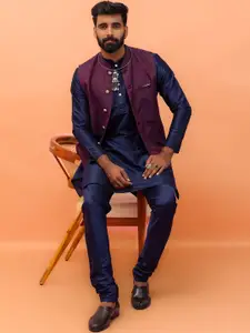 KISAH Mandarin Collar Indigo Straight Kurta with Churidar & Woven Design Nehru jacket