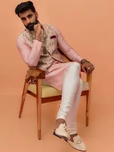 KISAH Mandarin Collar Straight Kurta With Churidar & Woven Design Nehru jacket