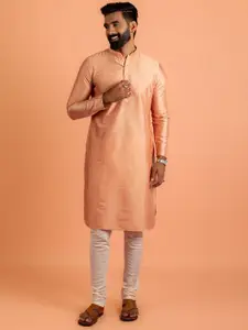 KISAH Mandarin Collar Pastels Straight Kurta with Churidar & Woven Design Nehru jacket