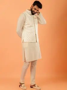 KISAH Woven Design  Mandarin Collar Straight Kurta With Churidar And Nehru jacket