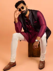 KISAH Mandarin Collar Straight Kurta with Churidar & Woven Design Nehru jacket