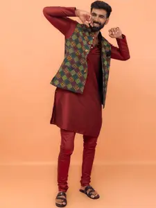 KISAH Mandarin Collar Straight Kurta with Churidar & Printed Nehru jacket