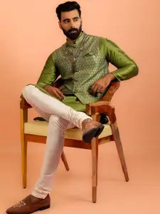 KISAH Mandarin Collar Straight Kurta with Churidar & Woven Design Nehru jacket