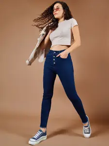 The Roadster Lifestyle Co Women Skinny High Rise Fringed Hemline Stretchable Denim Jeans