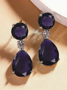 KARATCART Silver-Plated American Diamond Studded Teardrop Shaped Drop Earrings