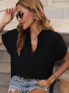 TOOCHKI Women Mandarin Collar Short Sleeves Straight Western Top