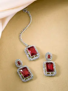 Peora Silver-Plated Crystal & CZ Studded Maang Tika and Earrings