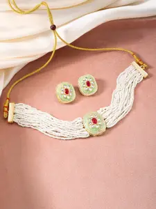 Peora Gold-Plated Stone Studded & Beaded Necklace and Earrings