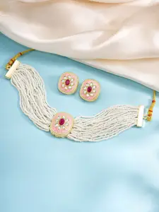 Peora Gold Plated Stone Studded & Beaded Necklace and Earrings