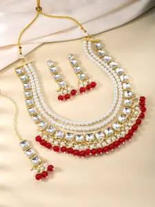 Peora Gold-Plated Stone-Studded & Beaded Necklace and Earrings With Maang Tika