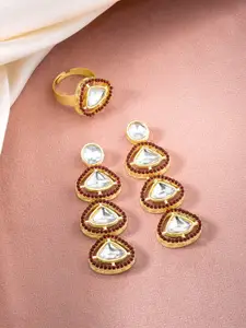 Peora Gold-Plated Stone-Studded & Beaded Finger Ring and Earrings