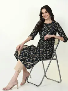 SHOWOFF Round Neck Floral Printed Cotton Straight Kurta