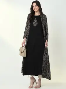 SHOWOFF Floral Thread Work Round Neck A-Line Kurta With Shrug