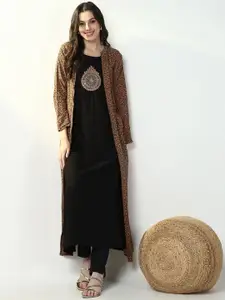 SHOWOFF Round Neck Sequins Cotton A-Line Kurta with Shrug