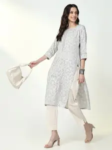 SHOWOFF Round Neck Floral Printed Cotton Straight Kurta
