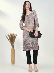 SHOWOFF Floral Printed Round Neck Three Quarter Sleeves Straight Kurta