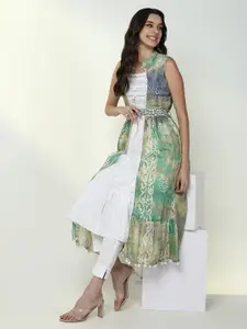 SHOWOFF Round neck Mirror Work Cotton A-Line Kurta with Shrug and belt