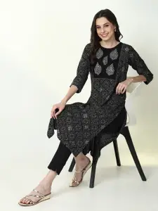 SHOWOFF Ethnic Motifs Printed Round Neck Sequined Straight Kurta