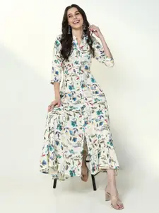 SHOWOFF Floral Printed Mandarin Collar Mirror Work Shirt Style A-Line Kurta