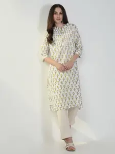 SHOWOFF Floral Printed Mandarin Collar Pinktuck Straight Kurta