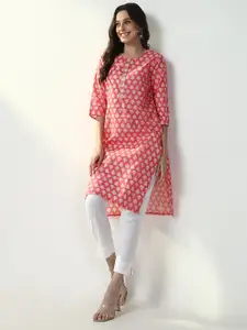 SHOWOFF Ethnic Motifs Printed Round Neck Sequined Straight Kurta