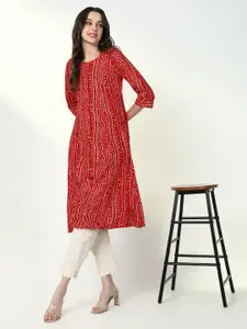 SHOWOFF Round Neck Bandhani Printed Cotton Straight Kurta