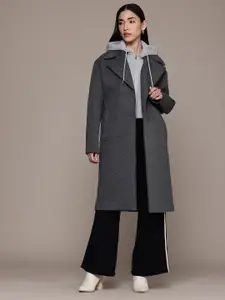 MANGO Notched Lapel Double-Breasted Contrast Detachable Hood Overcoat