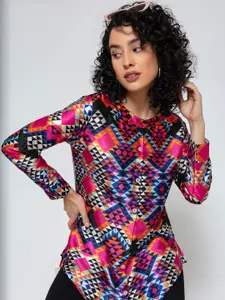 Lounge Dreams Women Standard Mandarin Collar Geometric Printed Satin Casual Shirt