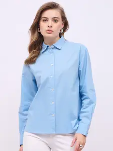 Styli Women Spread Collar Solid Cotton Casual Shirt