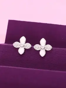 KAI JEWEL Rhodium-Plated 92.5 Sterling Silver Cubic Zirconia-Studded Floral Studs Earrings