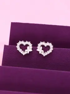 KAI JEWEL Rhodium-Plated 92.5 Sterling Silver CZ-Studded Heart Shaped Studs Earrings