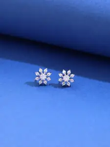 KAI JEWEL Rhodium-Plated 92.5 Sterling Silver CZ-Studded Floral Shaped Studs Earrings