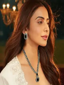 AccessHer Sterling Silver Plated American Diamond Studded Necklace And Earrings