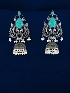 Adwitiya Collection Silver Plated Artificial Stone-Studded Peacock Shaped Jhumkas