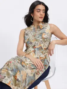 Anouk Floral Print Mandarin Collar Calf Length Straight Kurta